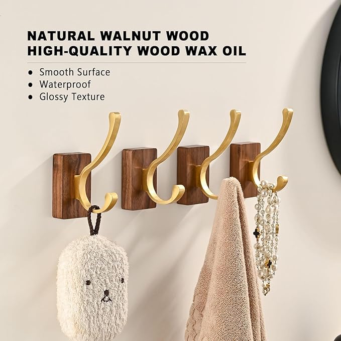 2 Pack Wooden Wall Hooks for Hanging, Adhesive Mounted Wall Mounted Boho Decorative Nature Wood Coat Hook for Towel Clothes Blanket Hat Backpack Robe Nursery Door Board Entryway Key Holder Gold