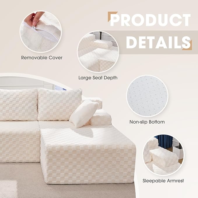 Hobestluk 96“ Modular Sectional Sofa Couches L-Shape Couch 3 Seat Modular Sofa Memory Foam Sectional Couches for Living Room, Cloud Couch with Oversized Chaise (White, Checked (Right Facing Chaise))