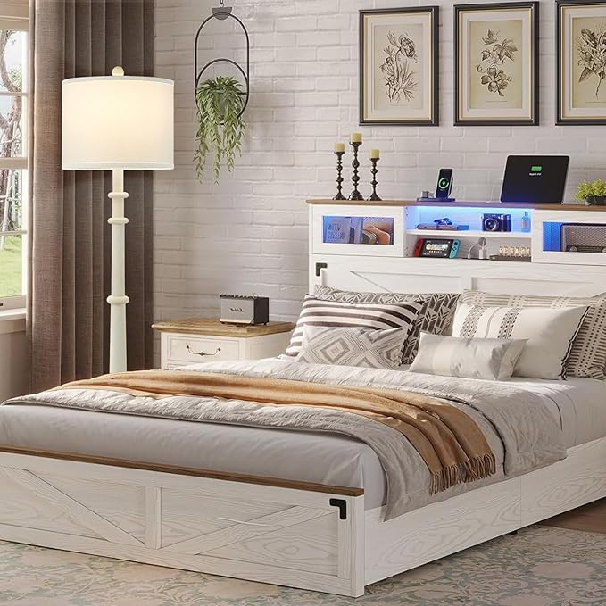 Floor Lamps for Living Room - 60" Resin Farmhouse Floor Lamp with 3 Color Temperatures - Vintage Standing Lamp Reading Light with Linen Shade Retro Tall Lamp for Bedroom Office, Almond White