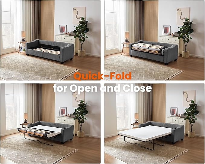 Pull Out Sofa Bed, Full Size Sleeper Sofa, 2-in-1 Convertible Corduroy Couch with USB Charging, Memory Form Couch for Living Room, Apartment and Small Space (Dark Grey, Corduroy - Queen Size)