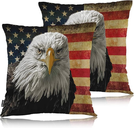 Swono Bald Eagle American Flag Set of 2 Throw Pillow Covers Grunge Bald Eagle On USA Flag 18x18 Inches Pillow Cases Standard Cushion Cover Square Pillowcases for Men Women Decorative Home Bed Sofa