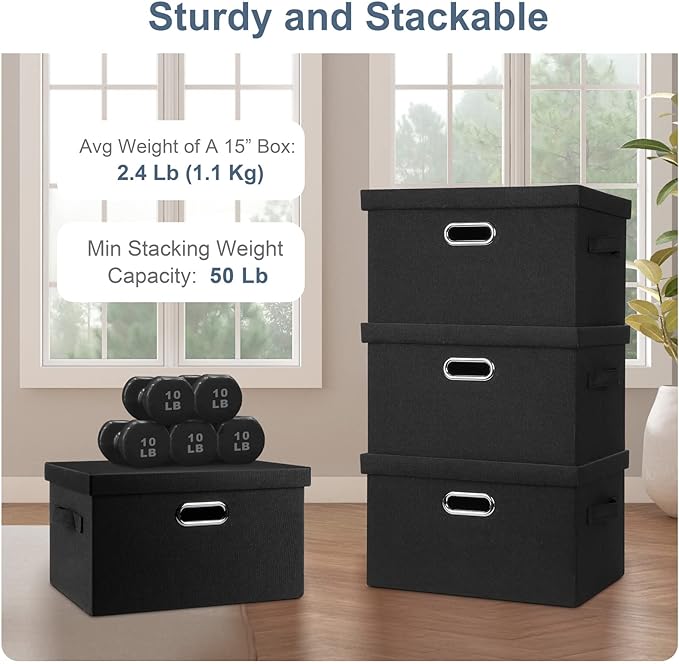 Medium 15" 21 Quart Collapsible Stackable Storage Bins with Lids, 1 Pack Black Foldable Fabric Closet Storage Boxes with Lids, 4 Handles Heavy-duty Linen Cube Baskets for Bedroom