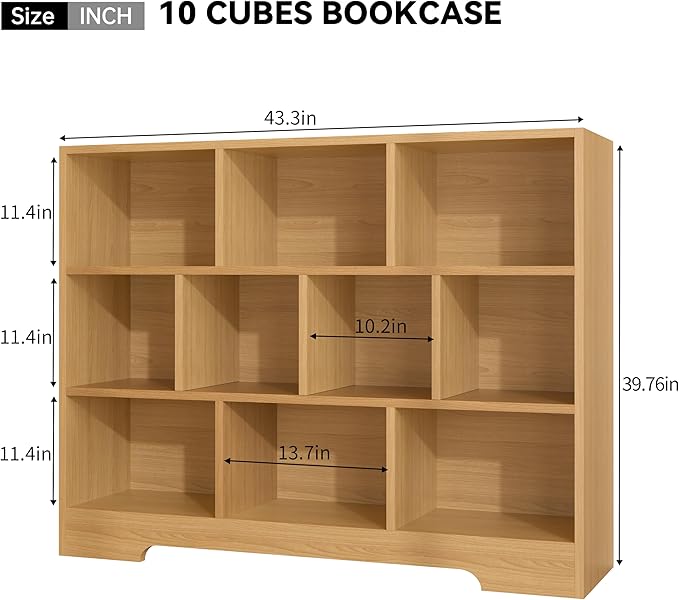 Book Shelf, 10 Cubes Storage Organizer, 3-Tier Open Shelf Wooden Bookcase, Freestanding Log Bookshelf Cube Shelf for Bedroom, Living Room, Home Office