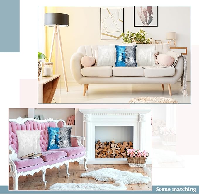 Irenare 4 Pcs Sequin and Fluffy Pillow Covers Winter Throw Pillow Cases Soft Cushion Cover for Couch Bed Sofa Xmas Day(18 x 18 Inch,White, Silver-Blue)