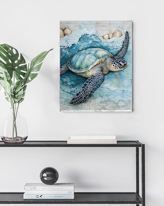 Coastal Sea Turtle Canvas Wall Art Turtle Nautical Ocean Theme Print Poster Framed Picture Painting for Home Beach House Bedroom Wall Decor 8x10 Inch