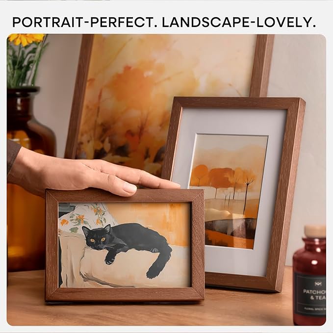 Homeforia A5 Picture Frame Brown, High-End Dark Oak 5.8x8.3 Wood Frame Matted to 4.1x5.8 inch Photo, A5 Size Walnut Wooden Frames with Mat A6 Print, 5.8 x 8.3 Frame, Tempered Glass, Wall Kit, Set of 1