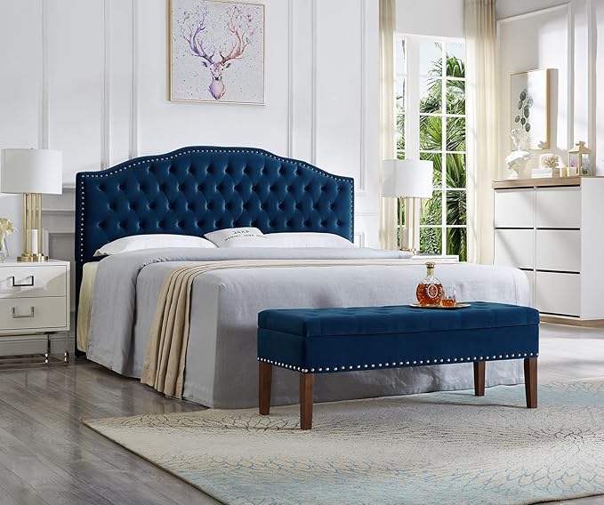 24KF Upholstered Button Tufted King Headboard with Nailhead Trim, Soft Velvet Fabric Headboard King/CA King - Navy