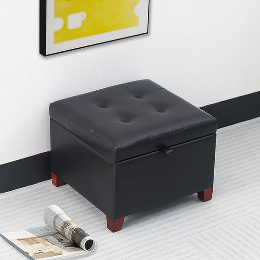 Adeco Faux Leather Storage Ottoman with Hinged Lid, 14 Inch High Black Square Cube Foot Stool with Storage, Upholstered Vanity Stool with Solid Wood Legs for Living Room, Bedroom, Dorm