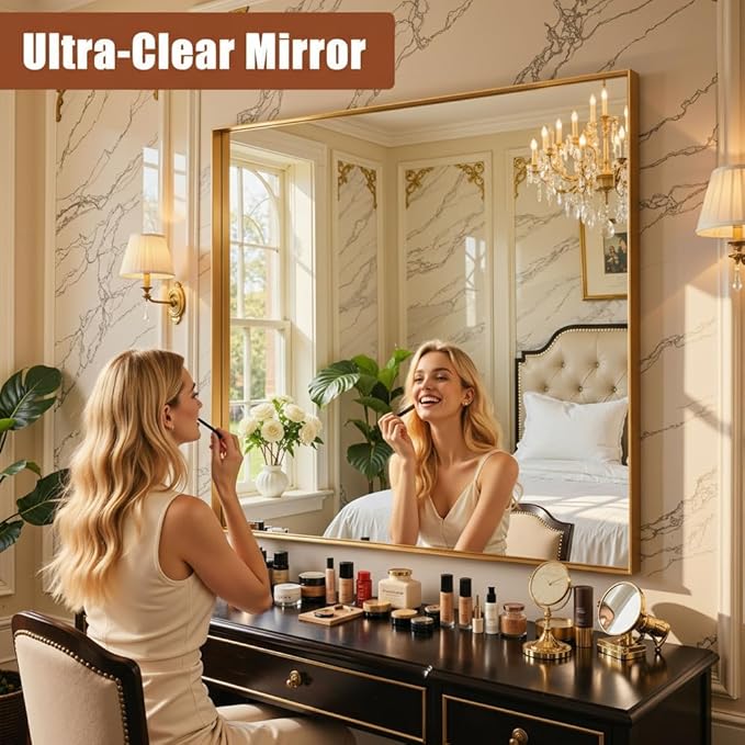 55"x36" Gold Framed Bathroom Mirror, Large Rectangular Vanity Mirror, Aluminum Metal Frame, Wall Farmhouse Modern Wall-Mounted Mirrors for Bathroom, Bedroom, Living Room, Over Sink