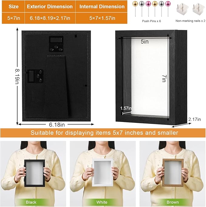 5x7 Deep Shadow Box Picture Frame Display Case with Linen Back and Stand,Real Glass Small Mini Black Shadow Memory Box Frame 5x7 for Insect Display Pet Photo Memorial Flower Art Craft Gift