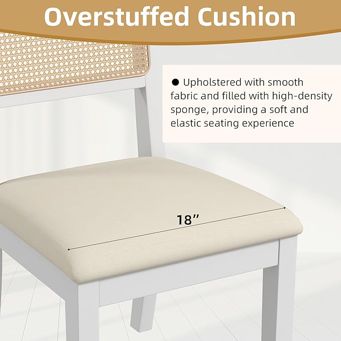 Westice Rattan Dining Chairs Set of 6, Farmhouse Natural Dining Room Chairs with Upholstered Cushion, Wood Armless Chairs for Kitchen/Restaurant, White