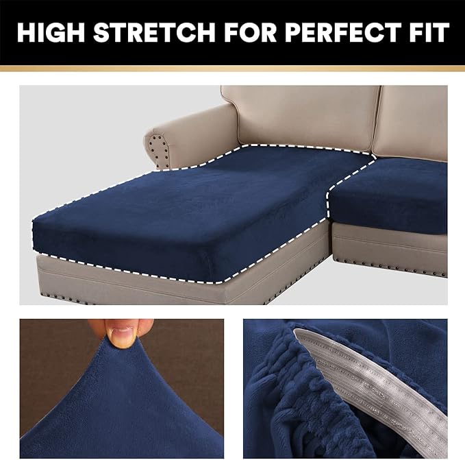 PrinceDeco Sectional Couch Covers 3 Pieces Velvet Sofa Covers L Shape Soft Couch Covers for Sectional Sofa Corner Sofa Cover Couch Cover for Dogs Washable (2 Seater + 1 Chaise,Navy)