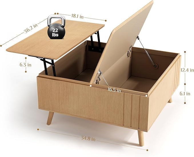 Lift Top Coffee Table with Storage,36" Large Square Coffee Tables for Living Room,Mid Century Modern Center Table for Home Office, Oak