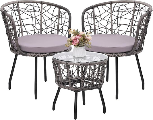 Kromax 3 Piece Bistro Set, Modern Outdoor Wicker Patio Furniture with Tempered Glass Table Top and 2 Chairs, Washable Cushions, Grey Rattan and Grey Cushion