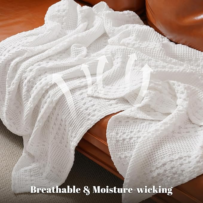 PHF 100% Cotton Waffle Weave Blanket King Size, Soft Lightweight Breathable Cozy Summer Blankets for Bed, Luxury Aesthetic Woven Bedding for Home Decor, 108"x90", White