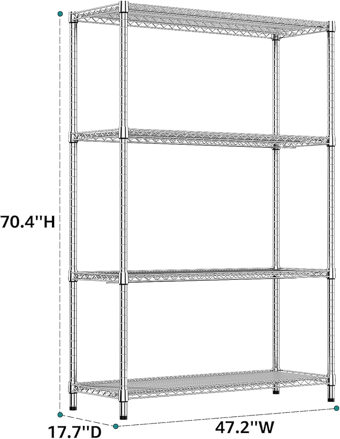 IZEUK 3400 LBS Garage Shelving Wide Storage Shelves 4 Tier Metal Shelves Heavy Duty Adjustable Utility Shelf Rack Chrome 17.7" D x 59.1" W x 70.4" H