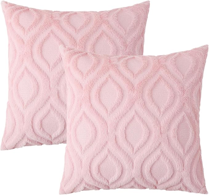 decorUhome Throw Pillow Covers 18x18 Inch Set of 2, Soft Plush Decorative Faux Fur Light Pink Solid Couch Pillow Covers, Accent Farmhouse Neutral Square Euro Pillow Cases for Sofa Bed Living Room
