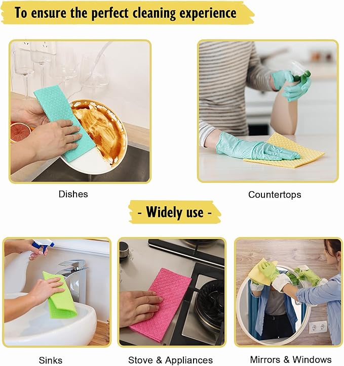 Swedish Dishcloths for Kitchen | 6 Pack Absorbent Cellulose Sponge Cloths Washable | Non-Scratch Reusable Paper Towels Quick Drying Cleaning Cloths - White