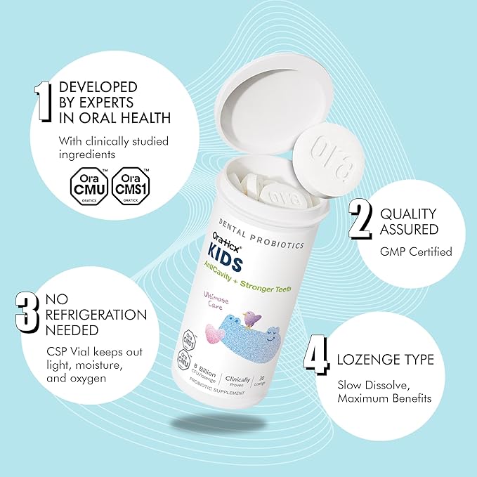 Kids Dental Probiotics for Anti-Cavity + Healthy Teeth and Gums, 8 Billion CFU Probiotics for Oral Health, Yogurt Flavor 1-PK