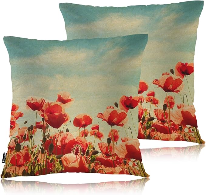 Swono Poppy Bed Pillow Covers, Vintage Blossom Red Roses Poppies Flied Decorative Throw Pillow Cover Cushion Case for Sofa Bed Living Room Farmhouse Decorations, 18"X18" 2 Pieces Pillowcases