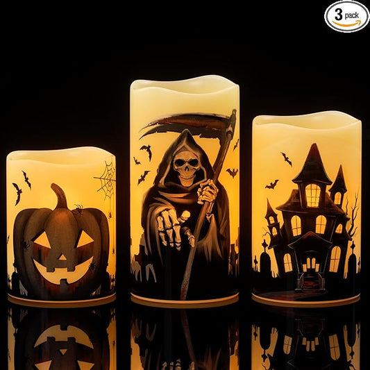 Wondise Halloween Flameless Flickering Candles with 6 Hour Timer, Battery Operated Real Wax Halloween Candles Set of 3 Halloween Decoration Grim Reaper, Haunted House, Pumpkin (3 x 4 5 6 Inch)