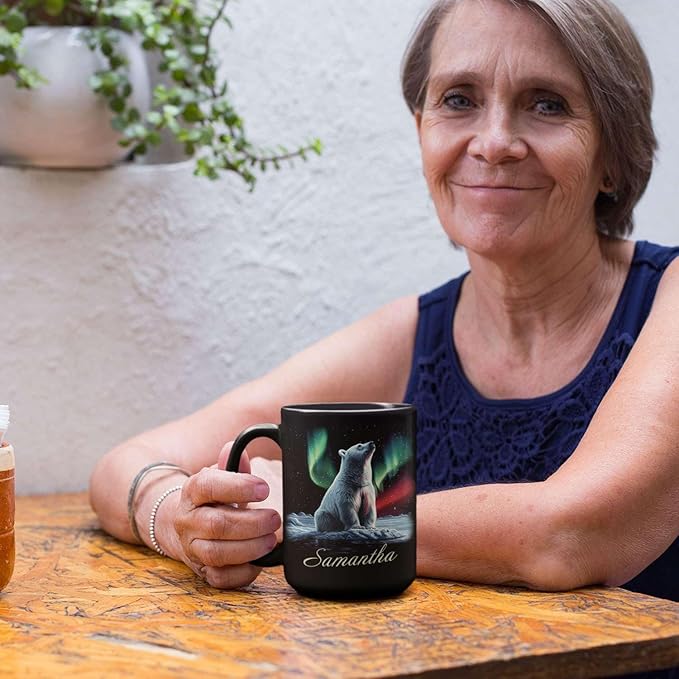 Custom Enchanted Arctic Landscape Design Cup, Customized Name Coffee Mug 11oz 15oz, Personalized Polar Bear And Northern Lights Ceramic Cup, Cute Polar Bear Black Mug, Gift For Her