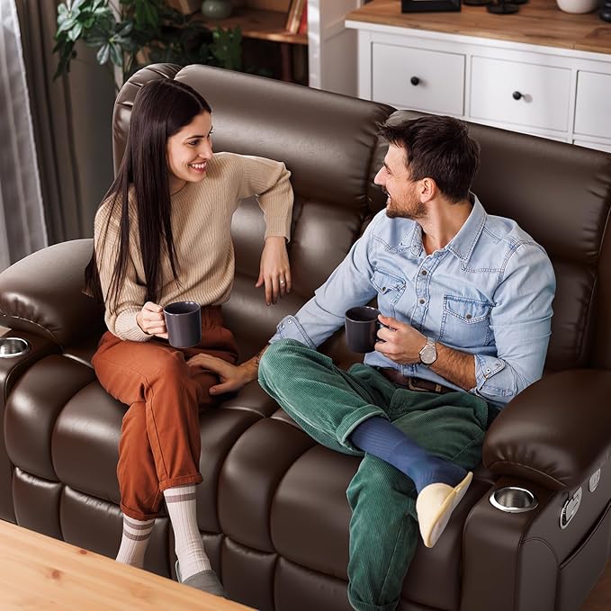 RV Loveseat Recliner Sofa, PU Leather RV Reclining Loveseat with USB Charge Ports, Cup Holders, 2 Seater Manual Pull Tab Recliner Sofa Couches for Living Room/RV, Brown