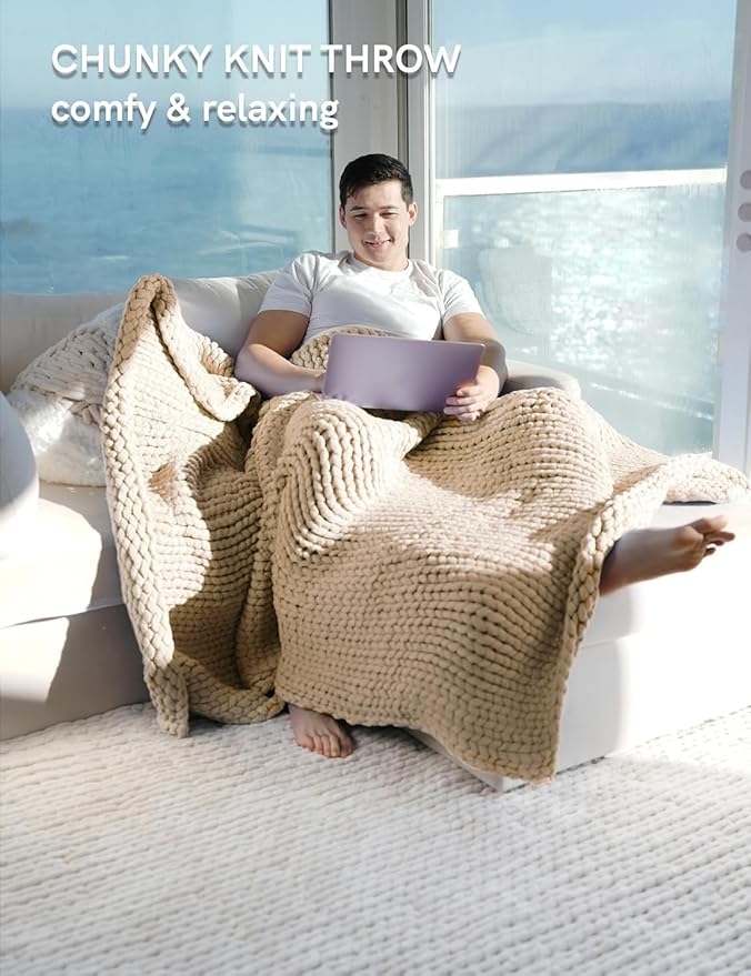 YnM Chunky Throw Blanket, Medium-Weight, Hand Knitted, Skin Friendly, Ventilated and Breathable, Machine Washable, Home Décor Piece for Couch, Sofa and Bed (Beige, 50x70 Inch)