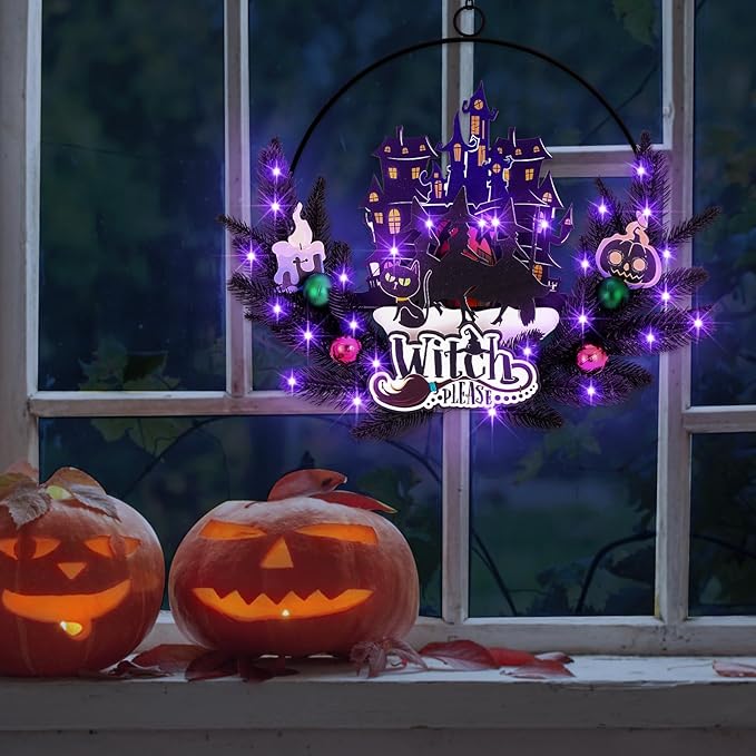 Lighted Halloween Wreaths for Front Door, Welcome Metal Wooden Door Wreath Decor Hanging Sign, 30 LED Lighted Wall Decor Battery Operated for Halloween Indoor Outdoor (Witch)