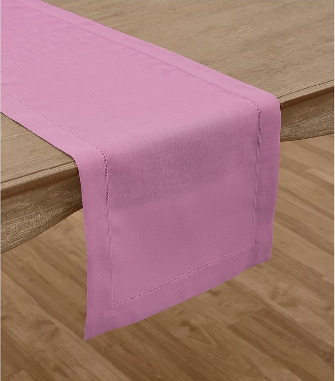 Solino Home Linen Table Runner 108 Inches Long - Classic Hemstitch 100% Pure Linen Violet Dining Table Runner 14 x 108 Inch for Halloween