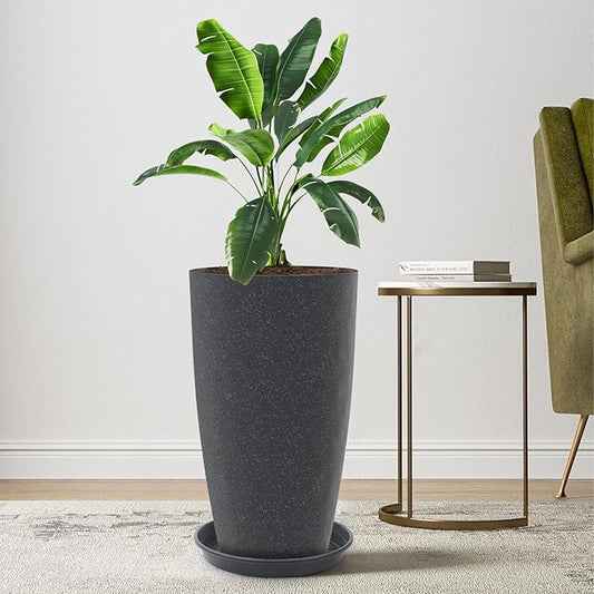 Tall Flower Pot Indoor - Outdoor Plant Pot - Black Glossy Planter - Elegant Stone Imitation - 12" Diameter 21" Tall with Drainage Holes and Saucer