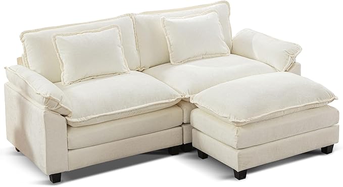 URRED Modular Sectional Sofa Comfy Cloud Couch, Modern Chenille Sofa Sleeper Deep Seat Couches with Ottoman/Pillows for Living Room (White, 82.6''- L Shape)