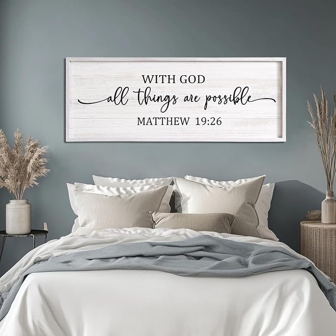 With God All Things are Possible Framed Wall Art, 40''×15'' Vintage Holy Religious Rustic Bible Verse for Christian God Jesus Christ Prayer, Positive Horizontal Inspirational Catholic Scripture Decor