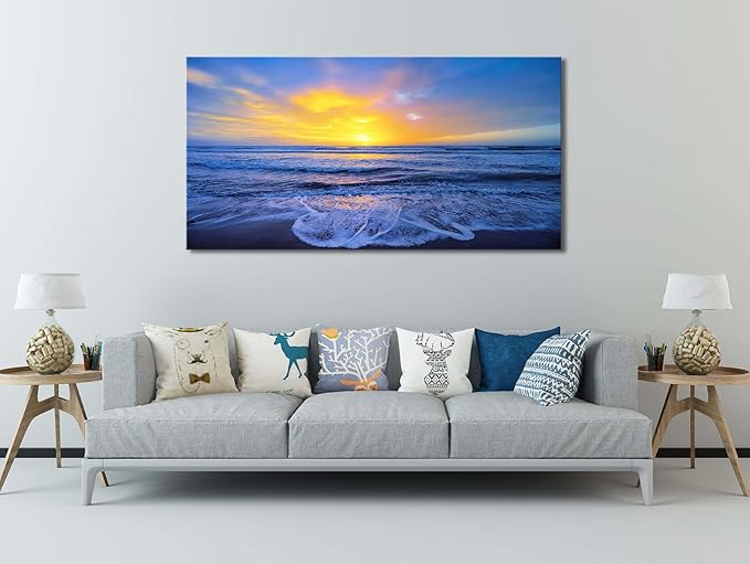 Wall Art Decor Large Sunset Canvas Print Picture Sunrise Ocean Beach Waves Scenery Modern Painting Artwork for Home Office Living Room Bedroom Decoration Framed Ready to Hang, 20x40Inch