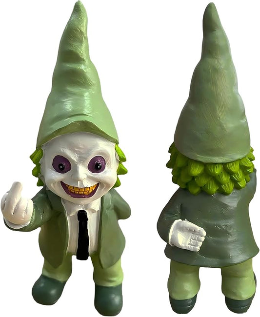 Halloween Decor Funny Garden Gnomes, Middle Fidget Gnome Statue Horror Movie Gnome Creepy Outdoor Decor for Haunted House Lawn Table Decoration (5.5in, Green)
