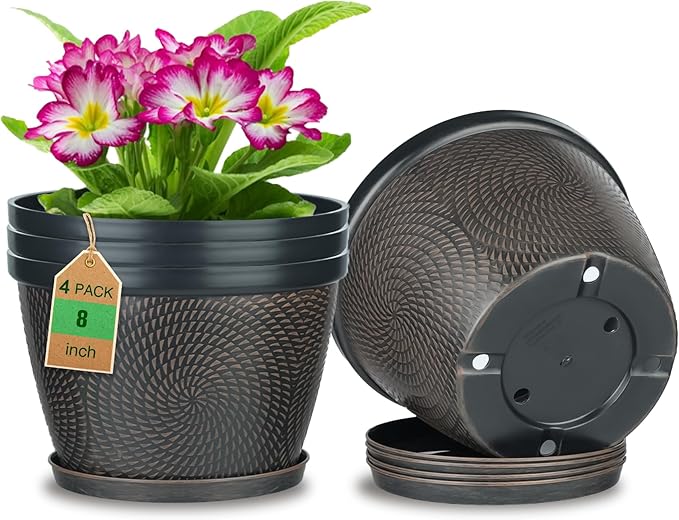 Quarut 4 Pack 8 Inch Flower Pots for Outdoor Indoor, Plastic Plant Pots with Drainage Hole & Saucer, Lightweight Small Flower Pot, Circle Pattern Planters for Garden House planters（Black Copper）