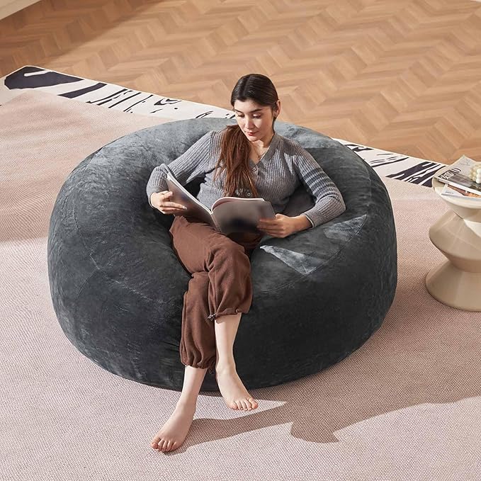 Bean Bag Chair 4Ft, Memory Foam Filled, Large Beanbag Chairs for Adults and Teens, Soft Sofa with Removable Flannel Cover, Round Couch for Living Room Bedroom College Dorm (Dark Gray, 4FT-47×47"×24")