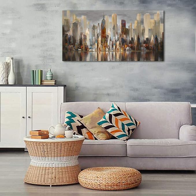 Wall Decorations Framed Large Cityscape New York Wall Decor Canvas Prints Abstract Brown City Theme Paintings Modern Canvas Wall Art for Living Room Bedroom Big Size 29x58