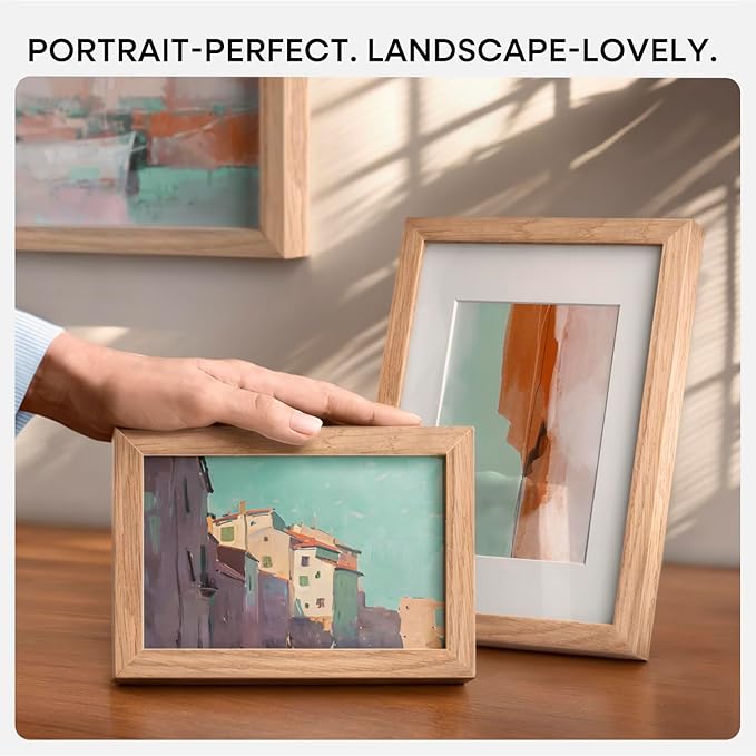 Homeforia A5 Wood Picture Frame, High-End Natural Oak 5.8x8.3 Frame Matted to 4.1x5.8 inch Photo, A5 Size Wooden Frames with Mat A6 for Art, 5.8 x 8.3 Poster Frames, Tempered Glass, Wall Kit, Set of 1
