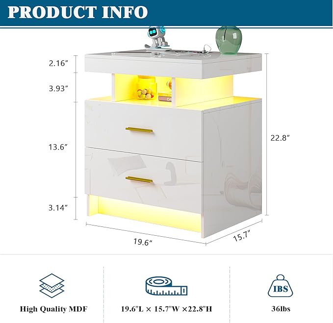 Night Stand with Light, High Gloss Nightstand with USB/Wireless Charging Station, LED White Nightstands with Storage Drawers, RGB Side End Table for Bedroom Furniture（White