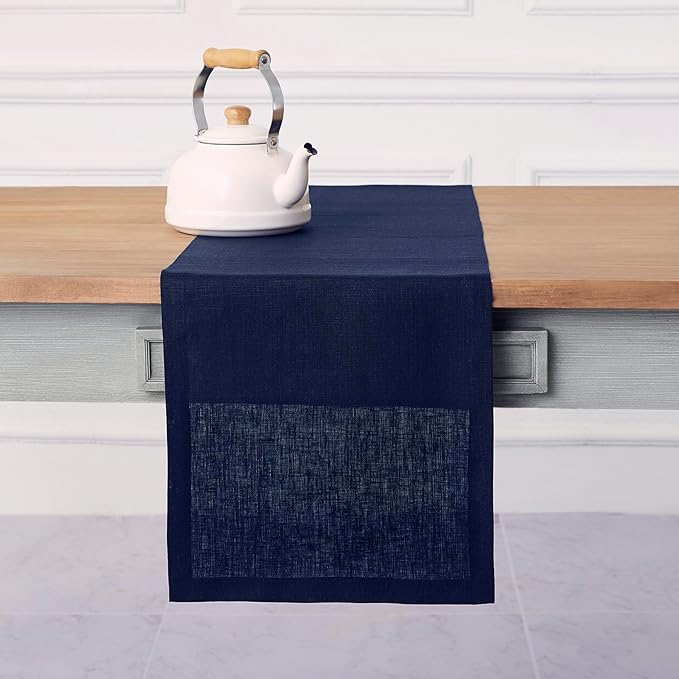 Solino Home Linen Navy Table Runner 120 Inches Long - 100% Pure Linen Dining Table Runner 14 x 120 Inch for Fall, Autumn, Thanksgiving - Fete