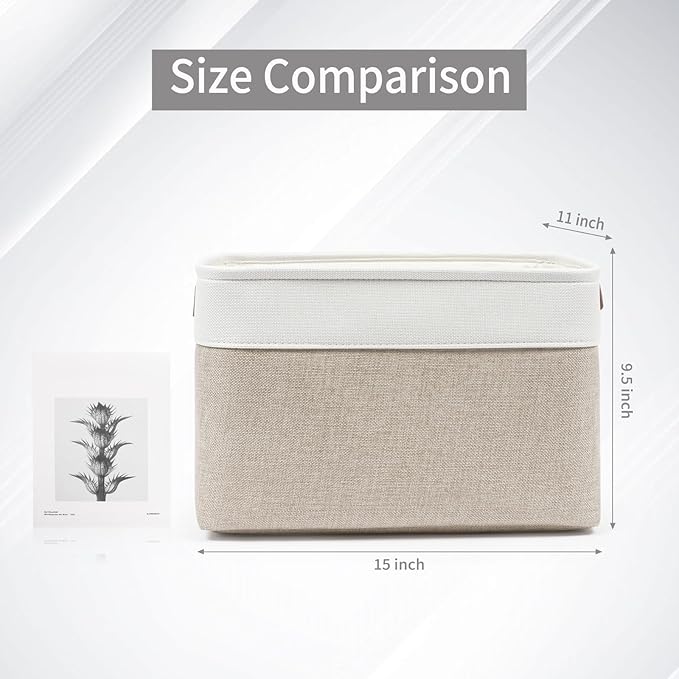 Storage Bins Large Fabric Storage Baskets for Shelves 3 Pack, Decorative Linen Closet Baskets with Handles for Organizing, Shelf, Clothes, Home, Office, 15x11x9.5Inches (Beige&White)