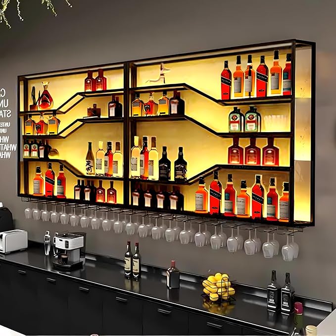 94.4in Wall Mounted Wine Rack with LED Light, 5-Tiers Liquor Bottles Display Shelf with Glasses Holder, Metal Home Bar Shelves with Industrial Iron Frame for Kitchen (Black, 94.4in/7.87ft)