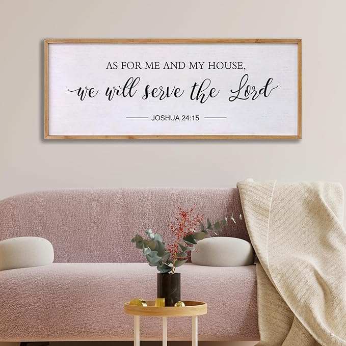 As for Me and My House We Will Serve the Lord Wall Decor - 40" x 15" Large Rustic Family Living Room Wood Framed Home Sign Joshua 24 15 Christian Bible Verse Plaque Hanging Wall Art(Wood)