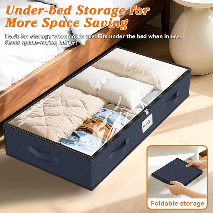SpaceWhisper 90L Under Bed Storage Containers, 6-Pack Storage Bins with Clear Top, Foldable Closet Organizers and Storage with Label Holder for Clothing, Blankets, Comforter & Pillows(Blue)