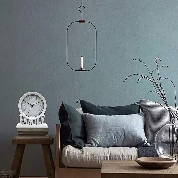 6.5 Inches Mantel Clock, Vintage Non-Ticking Family Desk Table Clock Battery Operated with Quartz Movement HD Glass for Kids Bedroom Living Room Office (Distressed White)