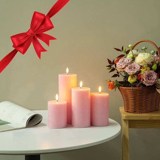 LUSHABOR Flameless Candles, 4 Pack Battery Operated Candles with Remote, Real Wax LED Fake Candles with Timer Flickering for Christmas Wedding Home Party D3 H 5" 6" 7" 9" Pink