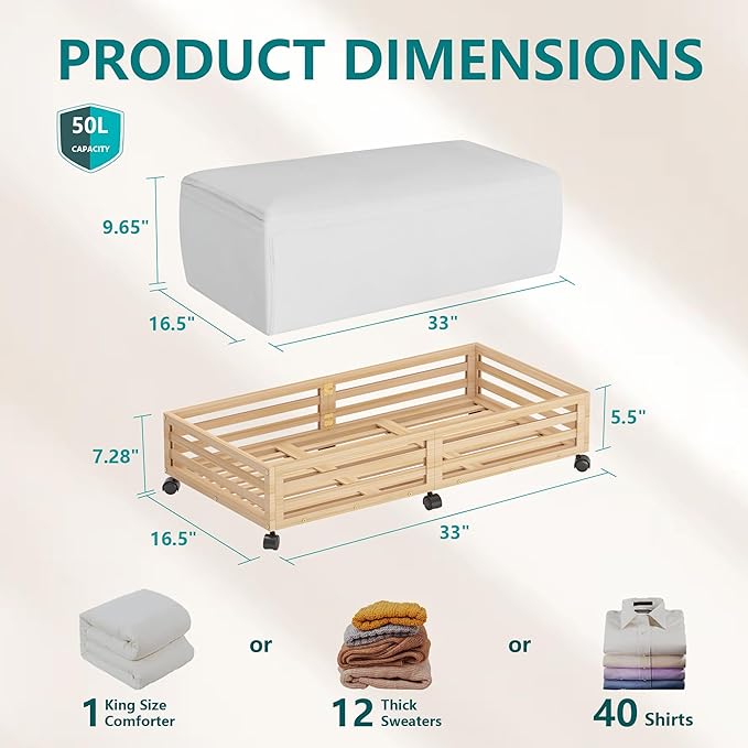 Bamboo Under Bed Storage Containers- Underbed Organizer with Wheels with Large Dust Bag,Sturdy Wood Rolling Under the Bed Shoe Storage Organizer Drawer 2 Packs (Nature, Long)