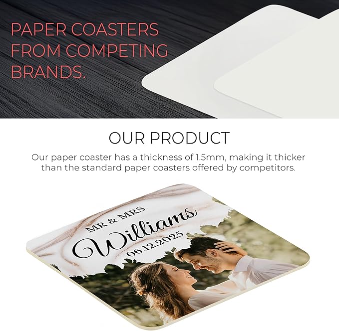 60 Pack Personalized Wedding Coasters, Custom Cardboard Coasters for Drinks with Photo Print and Text, Keepsake Wedding Favors and Gifts for Couples, 4x4 Square, Design 6