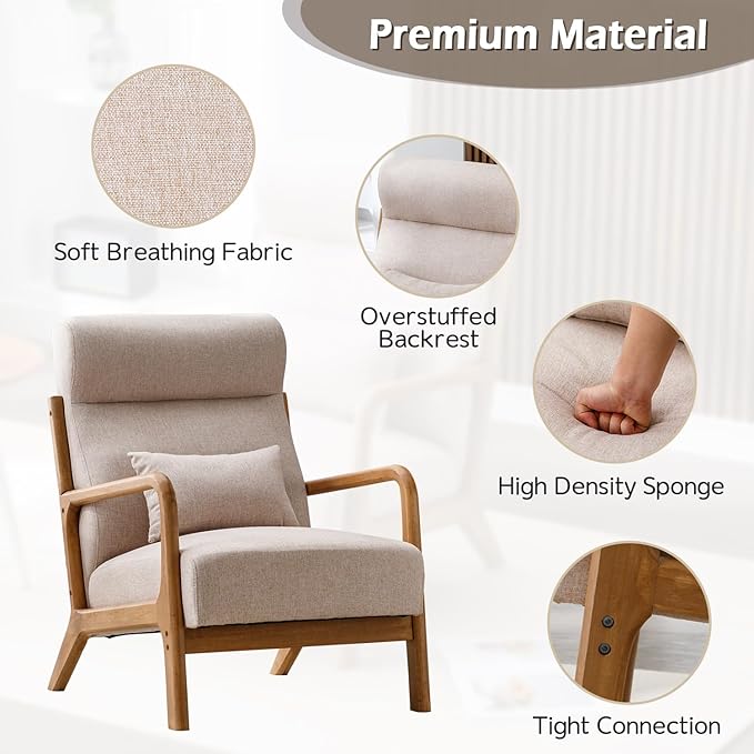 INZOY Mid Century Modern Accent Chair Set of 2, High Back Reading Armchair with Wood Frame, Upholstered Living Room Chairs with Waist Cushion, Single Lounge Arm Chair for Bedroom Sunroom, Beige